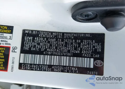 2014 Toyota Camry Le z USA, uszkodzony, nr VIN 4T1BF1FKXEU781661